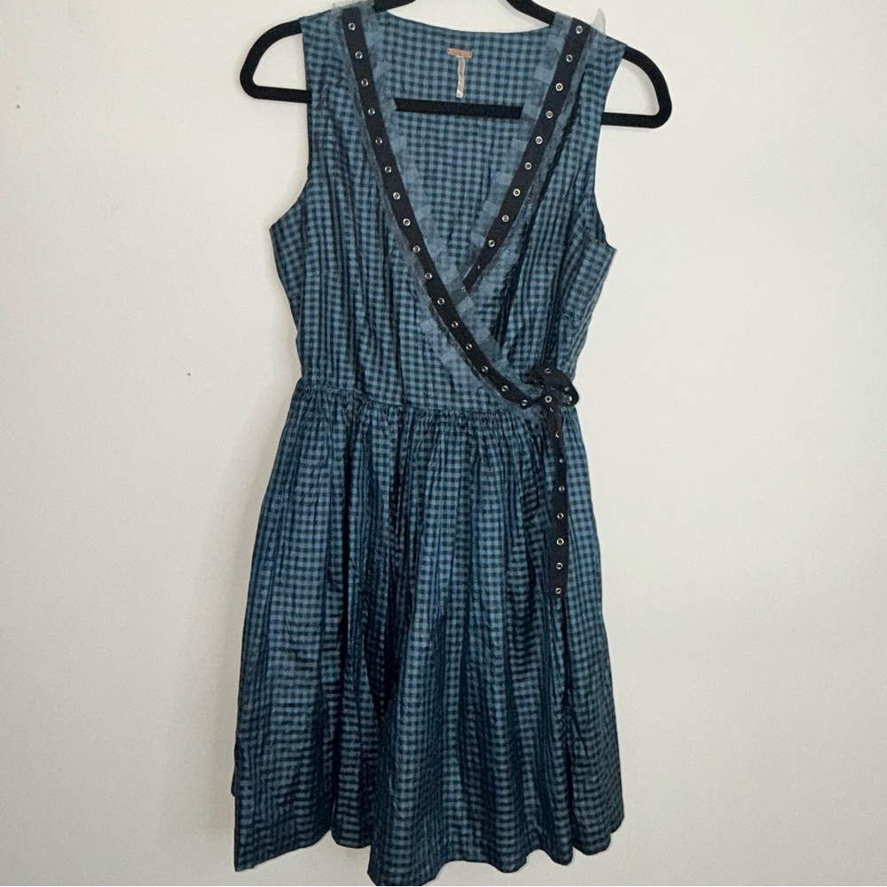 Free People Blue Check Sleeveless Wrap Silk Sundress Size 4 - Picture 15 of 15